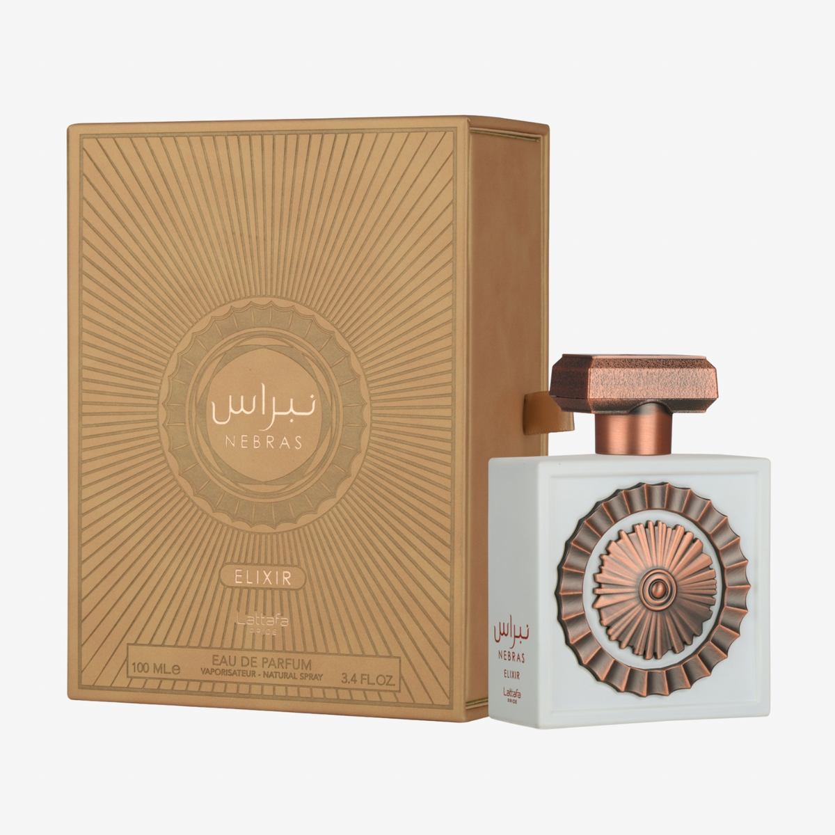Lattafa Nebras Elixir Eau de Parfum in a pale blue square glass bottle with a copper sunburst medallion and matching tan box.