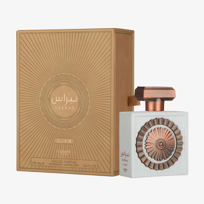 Lattafa Nebras Elixir Eau de Parfum in a pale blue square glass bottle with a copper sunburst medallion and matching tan box.