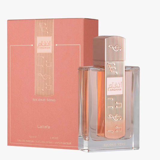 Lattafa Angham Second Song perfume bottle with floral and fruity scent details