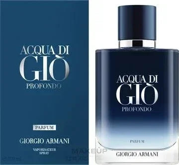 Giorgio Armani Acqua Di Gio Profondo men's fragrance bottle with marine and woody notes background