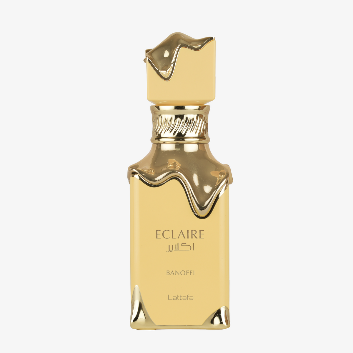 Lattafa Eclaire Banoffi Eau de Parfum in a pale gold glass bottle with a sculpted gold cap and wavy trim.