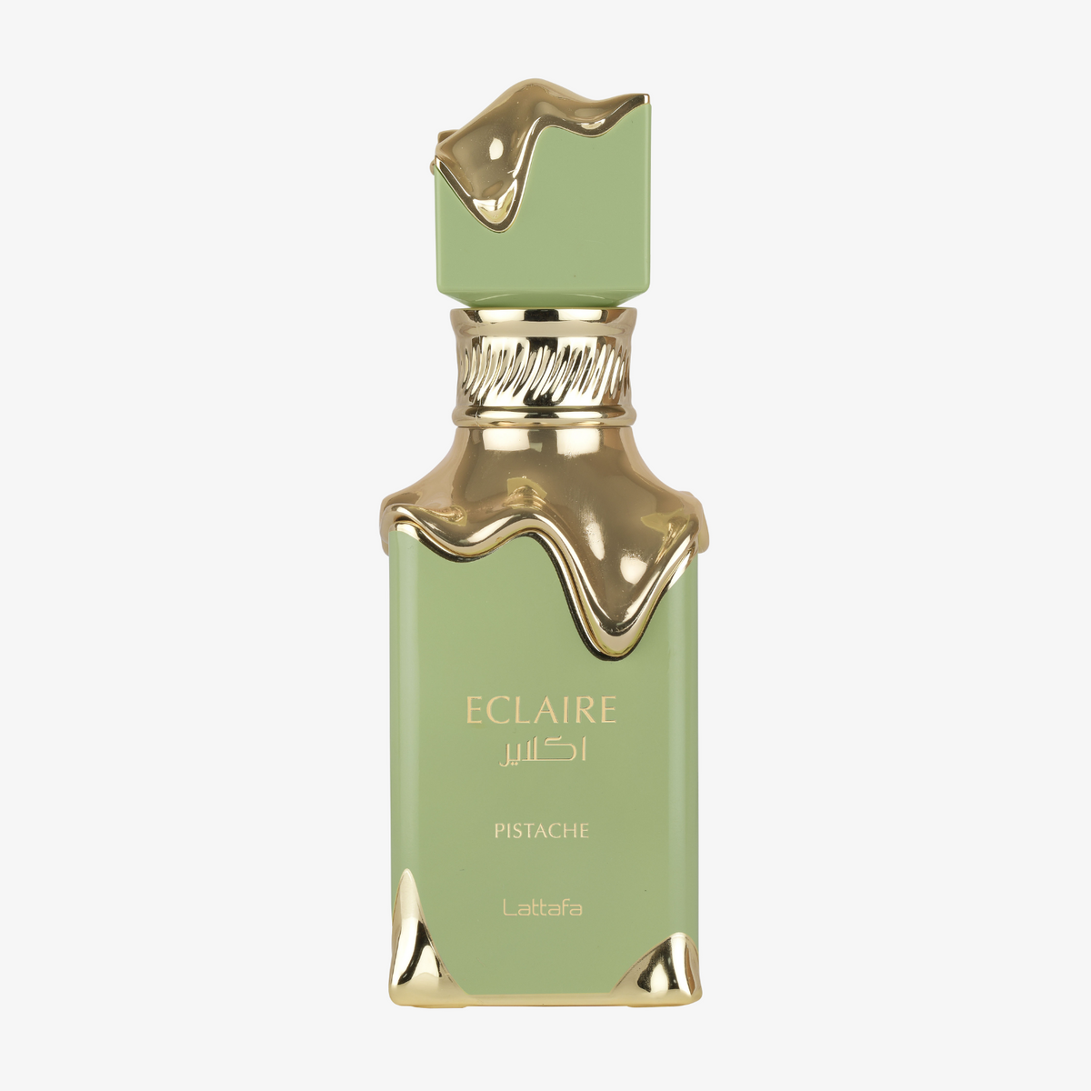 Lattafa Eclaire Pistache eau de parfum in a pale green glass bottle with a sculpted gold collar, trim and cap.