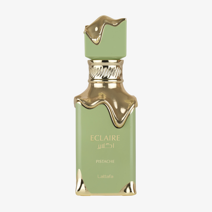 Lattafa Eclaire Pistache eau de parfum in a pale green glass bottle with a sculpted gold collar, trim and cap.