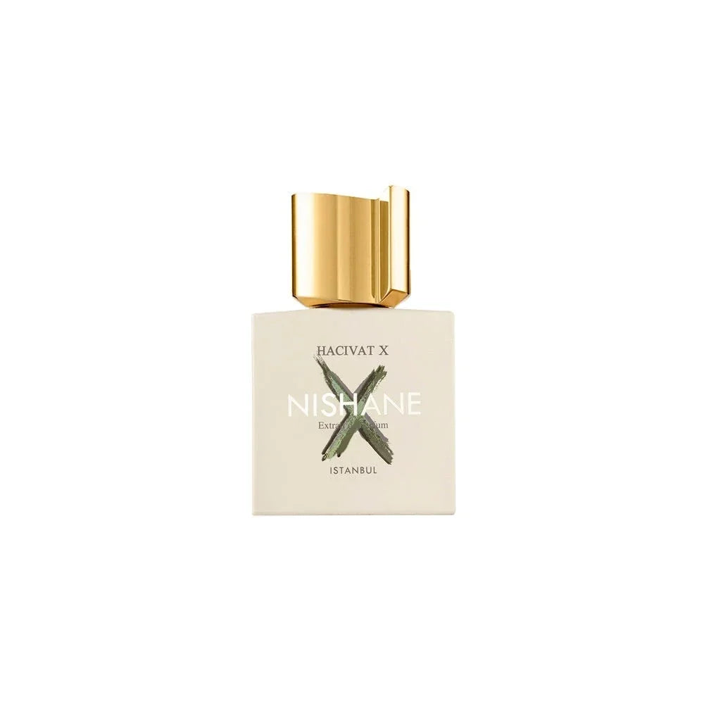 Hacivat X men's cologne bottle in matte cream with gold geometric cap, featuring bold black and green X design on front label.
