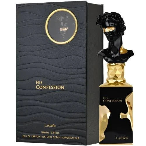 Bottle of Lattafa His Confession fragrance with notes of cinnamon, lavender, mandarin, vanilla, and amber