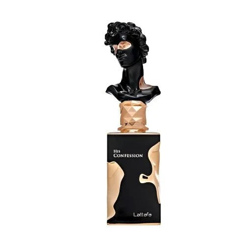 Lattafa His Confession perfume bottle with warm, spicy, and aromatic fragrance notes including cinnamon, lavender, mandarin, and rich woods