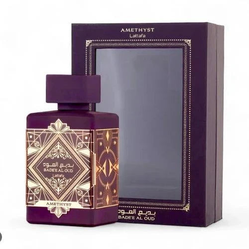 Lattafa Badee Al Oud Amethyst perfume bottle with amber-vanilla and floral oud fragrance notes