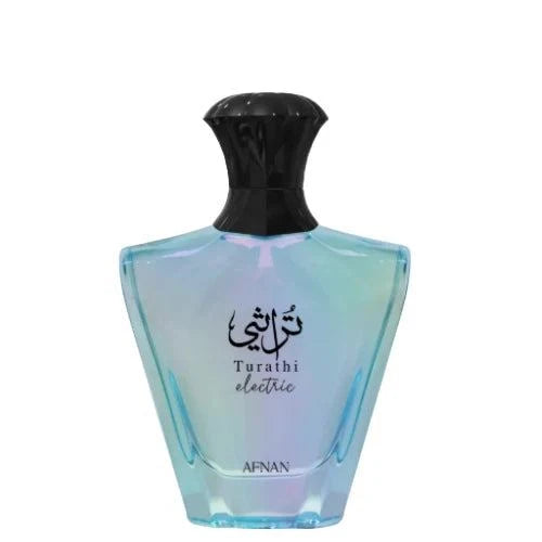 Afnan Turathi Electric unisex Eau de Parfum bottle with fresh fruity, floral, and woody scent elements