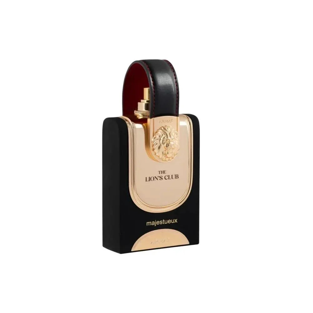 Armaf The Lion's Club Majestueux Cologne bottle with woody-spicy fragrance notes of cinnamon, tobacco, vanilla, and musk