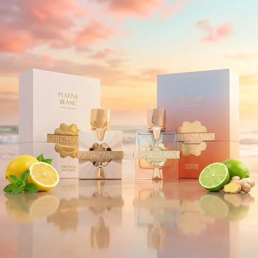 Aromatix Platine Blanc and Teas Me Eau de Parfum fragrance duo with fresh citrus and warm spicy notes