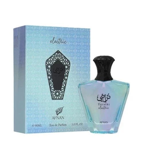 Afnan Turathi Electric unisex Eau de Parfum bottle with fresh fruity, floral, and woody scent notes