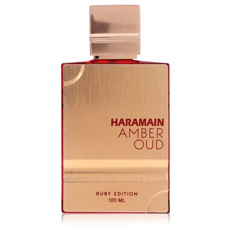 Bottle of Al Haramain Amber Oud Ruby perfume with warm amber woody notes and elegant saffron accents