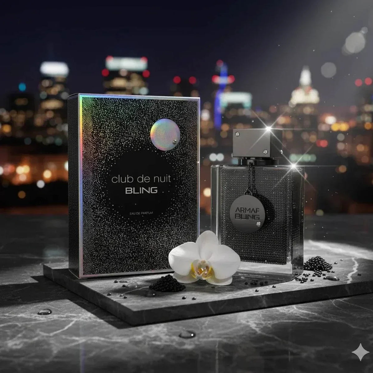 Armaf Bling-Men's Cologne in a sleek black textured bottle with silver cap and matching black speckled box featuring holographic accents.