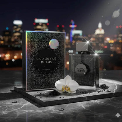 Armaf Bling-Men's Cologne in a sleek black textured bottle with silver cap and matching black speckled box featuring holographic accents.