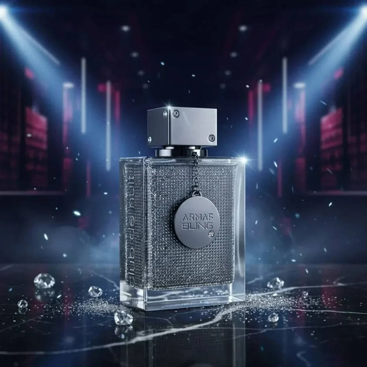 Armaf Bling-Men's Cologne in a clear rectangular bottle with textured dark grey fabric wrapping and silver metallic cap with engraved logo medallion.