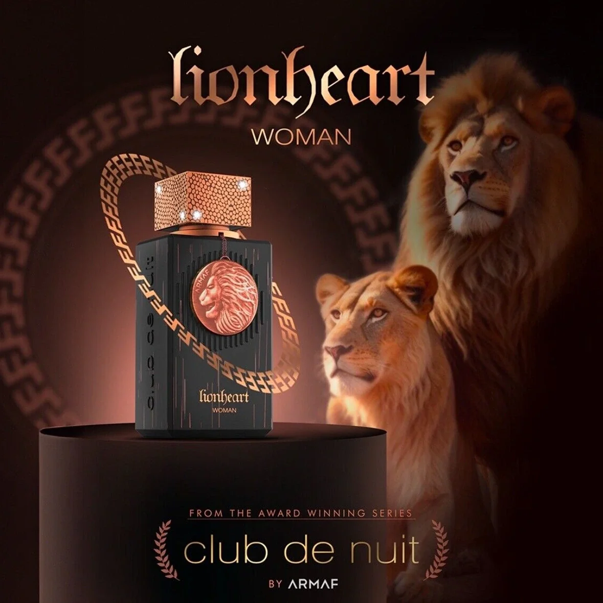Armaf Club de Nuit Lionheart Woman black perfume bottle with copper cap, lion medallion and matching lion artwork