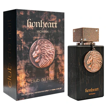 Armaf Club de Nuit Lionheart Woman black Eau de Parfum bottle with copper cap and lion medallion beside matching box