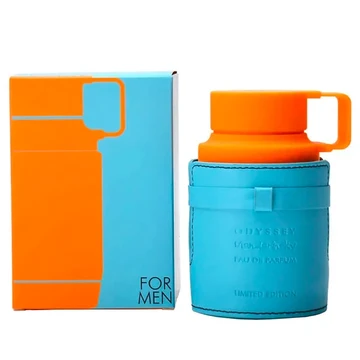 Armaf Odyssey Mandarin Sky Eau de Parfum in a turquoise bottle with an orange handle cap and matching geometric box.