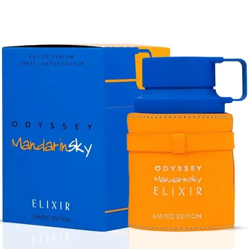 Armaf Odyssey Mandarin Sky Elixir men's perfume in a bright orange bottle with a blue cap and matching blue box, marked Limited Edition.