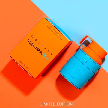 Armaf Odyssey Mandarin Sky Eau de Parfum with a turquoise bottle, bright orange cap and matching orange box labeled Limited Edition.