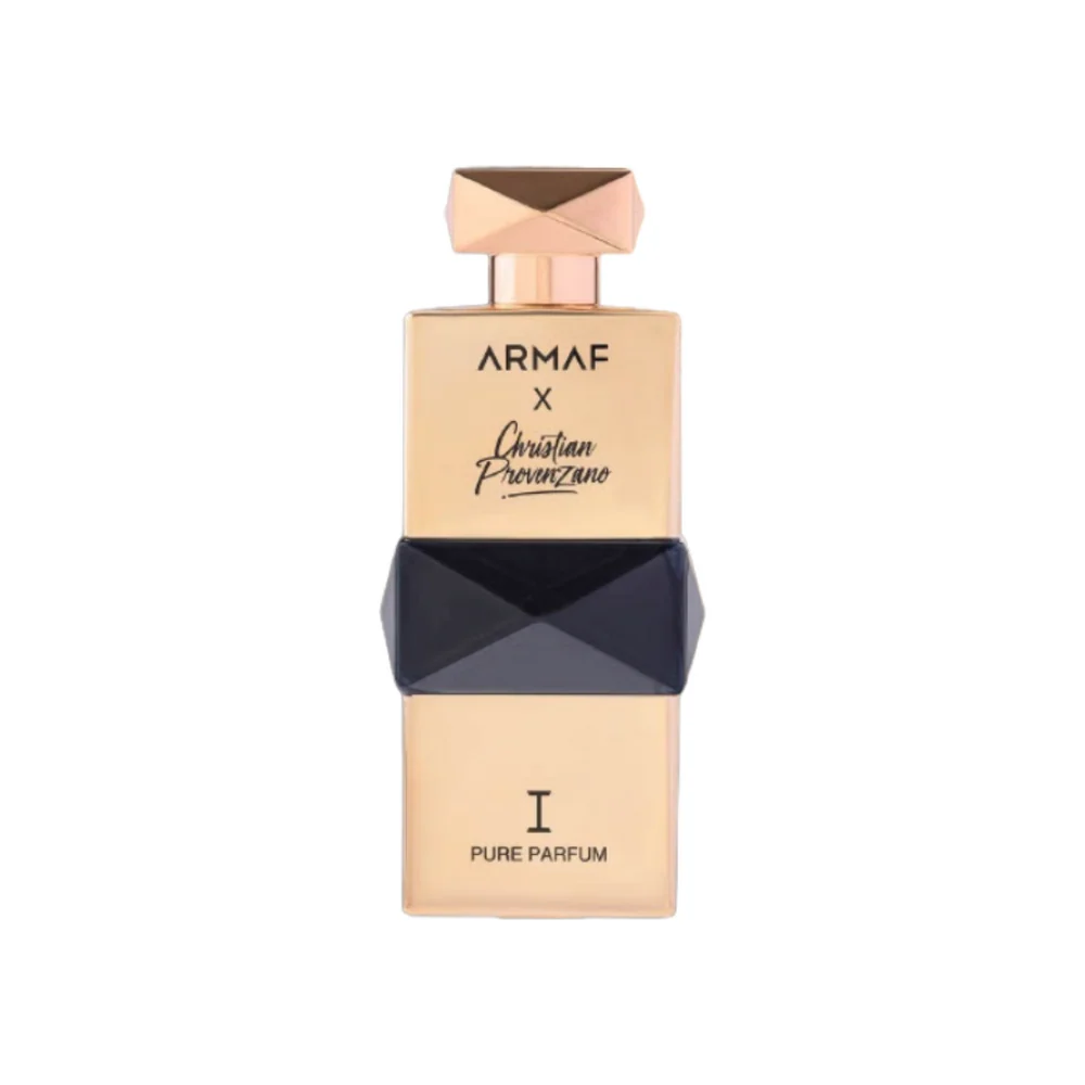 Armaf x Christian Provenzano Pure Parfum bottle in gold with black faceted band and geometric cap
