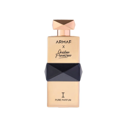 Armaf x Christian Provenzano Pure Parfum bottle in gold with black faceted band and geometric cap
