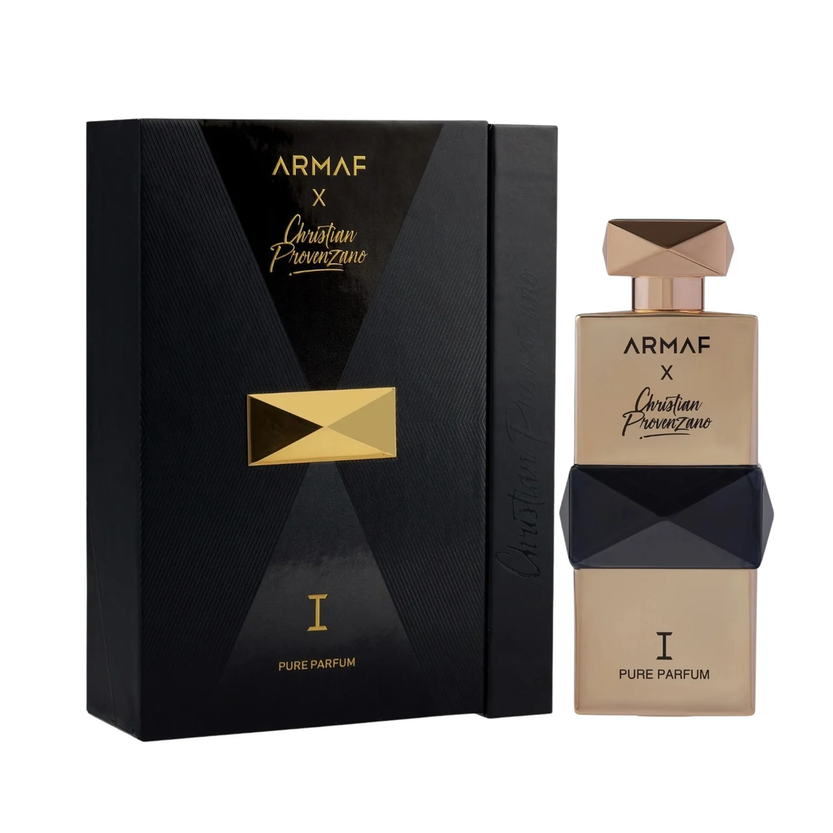 Armaf x Christian Provenzano Pure Parfum in a gold-tone bottle with black faceted band and presentation box