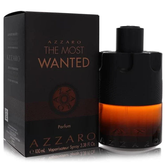 Azzaro The Most Wanted Parfum in a black textured bottle with a vivid amber gradient and matching black box.