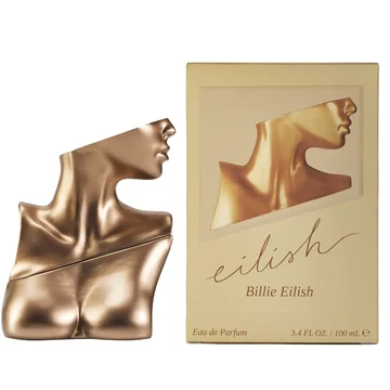 Billie Eilish Eilish Eau de Parfum in a sculpted gold-tone torso-shaped bottle, with matching beige and gold packaging.