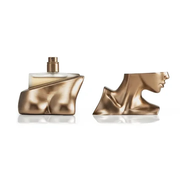 Billie Eilish Eilish Eau de Parfum in a sculpted gold-toned bottle with a matching face-shaped cap and spray nozzle.
