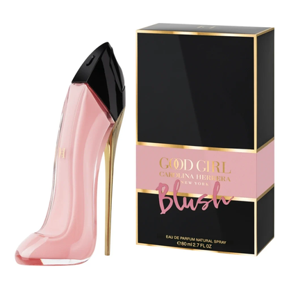 Carolina Herrera Good Girl Blush pink stiletto-shaped perfume bottle with black cap and gold-tone heel, boxed perfume set
