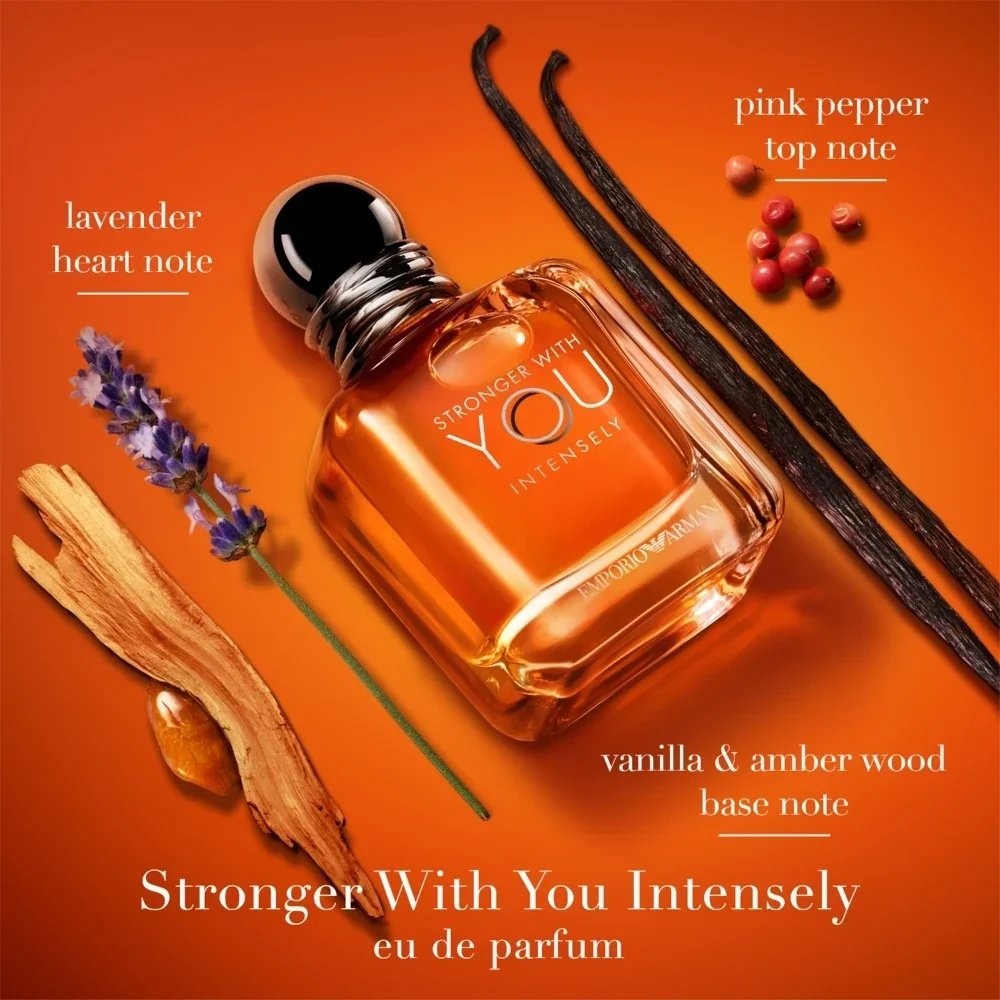 Emporio Armani Stronger With You Intensely amber Eau de Parfum in a clear glass bottle with silver cap