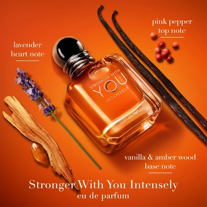 Emporio Armani Stronger With You Intensely amber Eau de Parfum in a clear glass bottle with silver cap