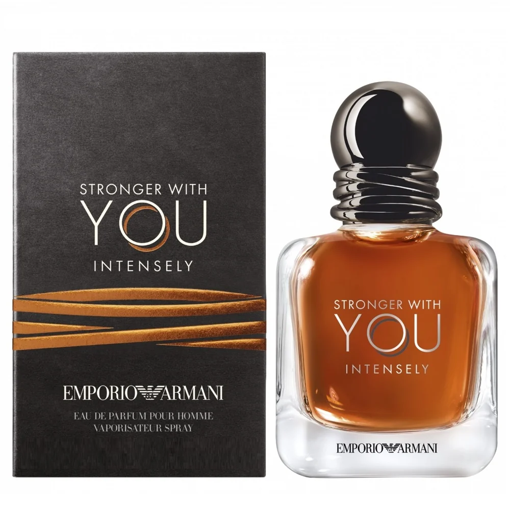 Emporio Armani men's Eau de Parfum, amber-brown liquid in a clear bottle with black spherical cap and box
