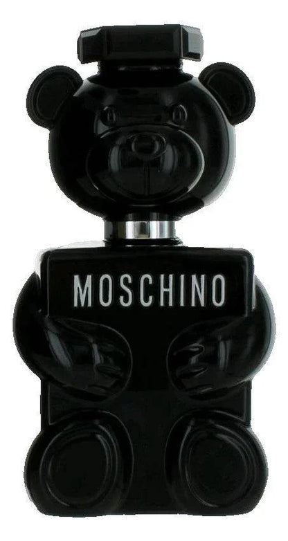 Moschino Toy Boy Eau de Parfum bottle with woody spicy fragrance for men featuring fresh fruits, florals, and smooth woods