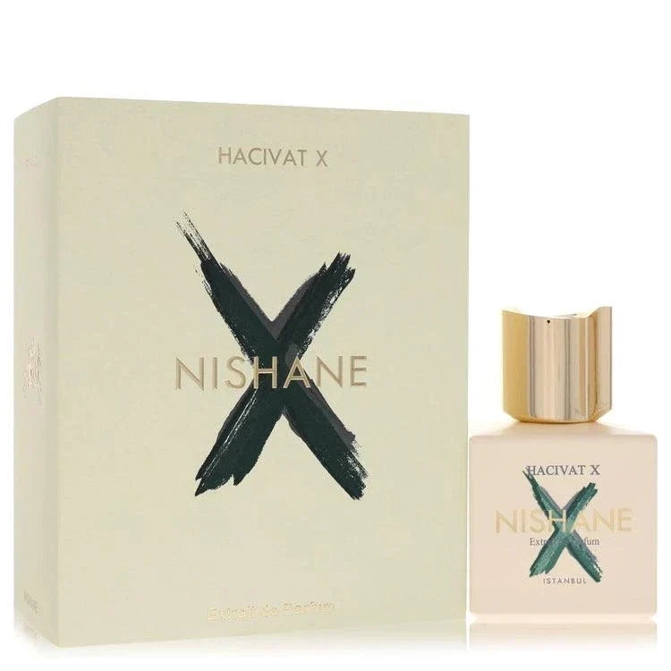 Hacivat X men's cologne with beige matte bottle and gold cap, black X design on bottle and matching box packaging