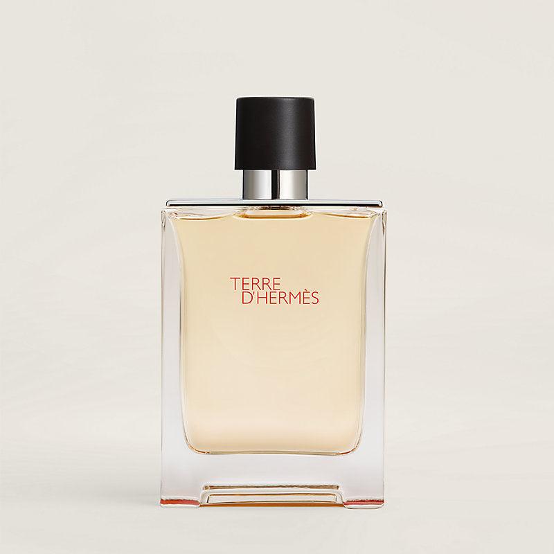 Hermès Terre d’Hermès Eau de Toilette in a clear rectangular glass bottle with pale amber liquid, silver neck and black cap.