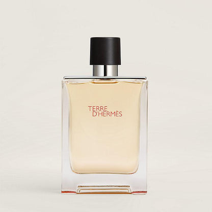 Hermès Terre d’Hermès Eau de Toilette in a clear rectangular glass bottle with pale amber liquid, silver neck and black cap.