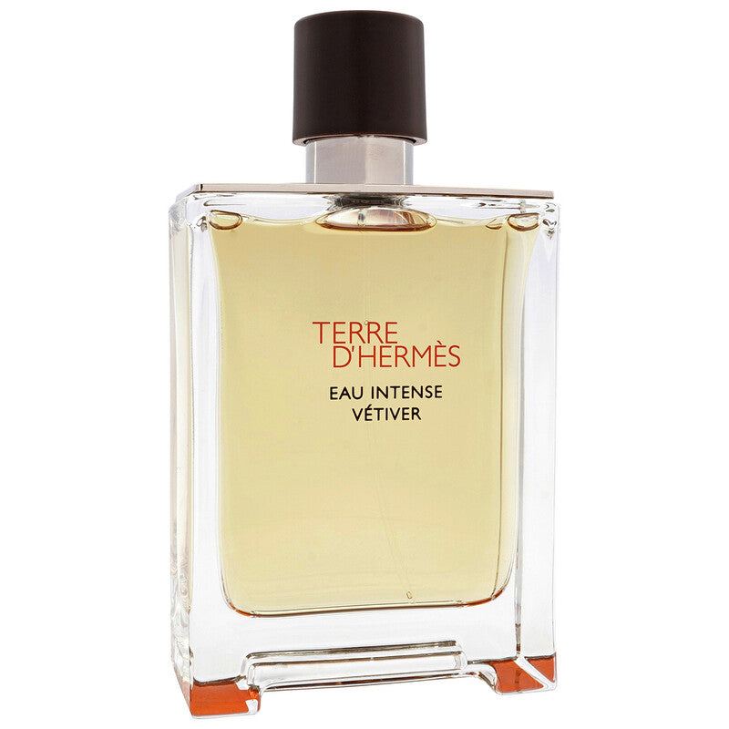 Hermès Terre d’Hermès Eau Intense Vétiver perfume in a clear glass bottle with pale amber liquid and dark cap.