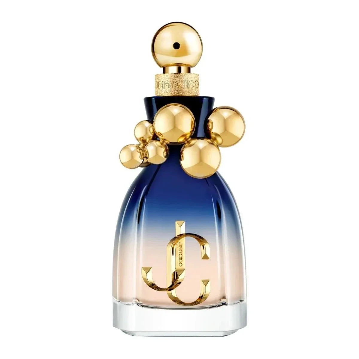 Jimmy Choo I Want Choo limited edition navy blue perfume bottle with pearl accessory and fruity-floral scent