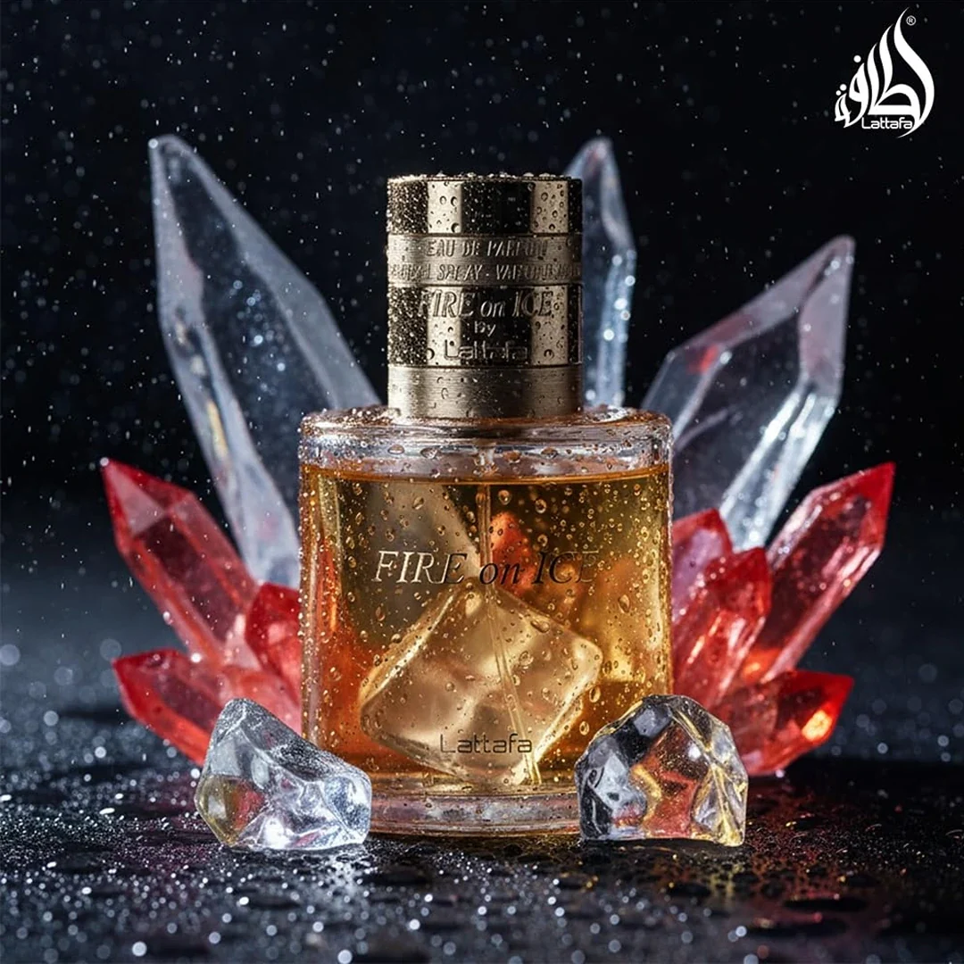 Lattafa Fire On Ice Eau de Parfum in a transparent amber glass bottle with gold cap and decorative icy crystal accents around.