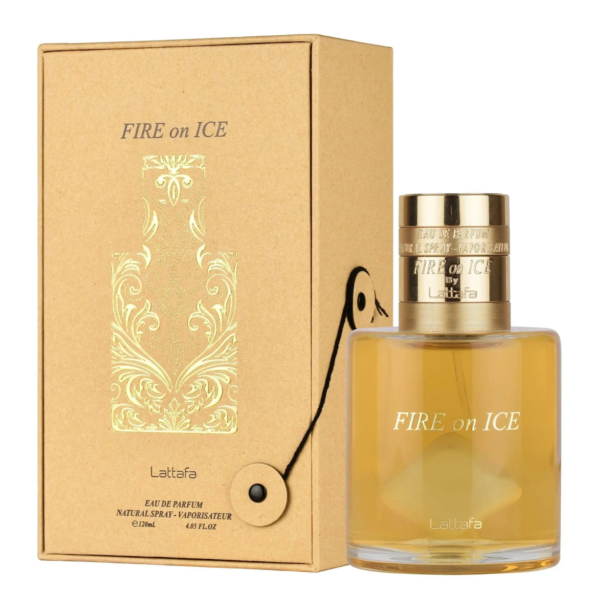 Lattafa Fire On Ice Eau de Parfum bottle with amber liquid and gold cap, beside a tan box with gold decorative print and black text.