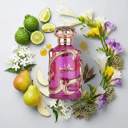 Lattafa Habik women's fragrance bottle with floral fruity scent and elegant design