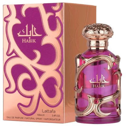 Lattafa Habik women's fragrance bottle with floral fruity design