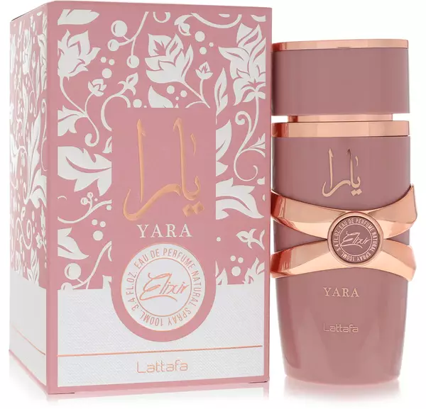 Lattafa Yara Elixir perfume bottle and box in dusty pink with rose gold accents and floral patterns, elegant design.