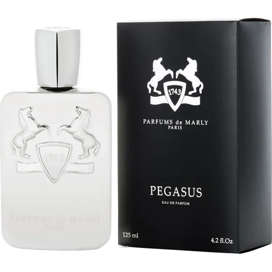 Parfum De Marly Pegasus eau de parfum bottle in reflective silver with horse emblem and black packaging box