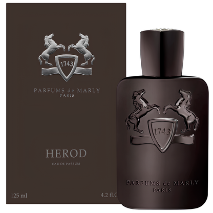 Parfums de Marly Herod Eau de Parfum in a dark brown bottle with raised horse emblem and matching box, 125 ml.