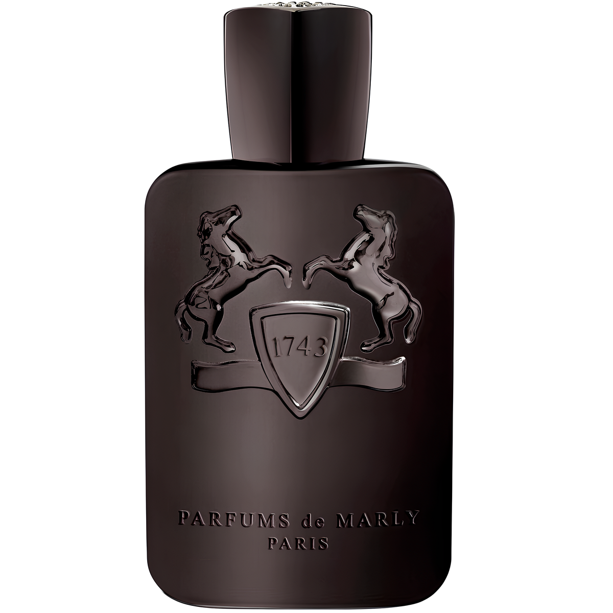 Parfums de Marly Herod eau de parfum in a dark brown bottle with a raised crest, horse emblem and black cap.