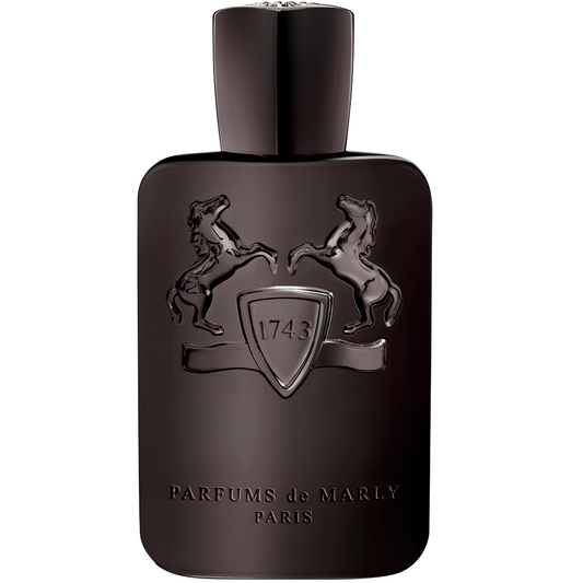 Parfums de Marly Herod eau de parfum in a dark brown bottle with a raised crest, horse emblem and black cap.