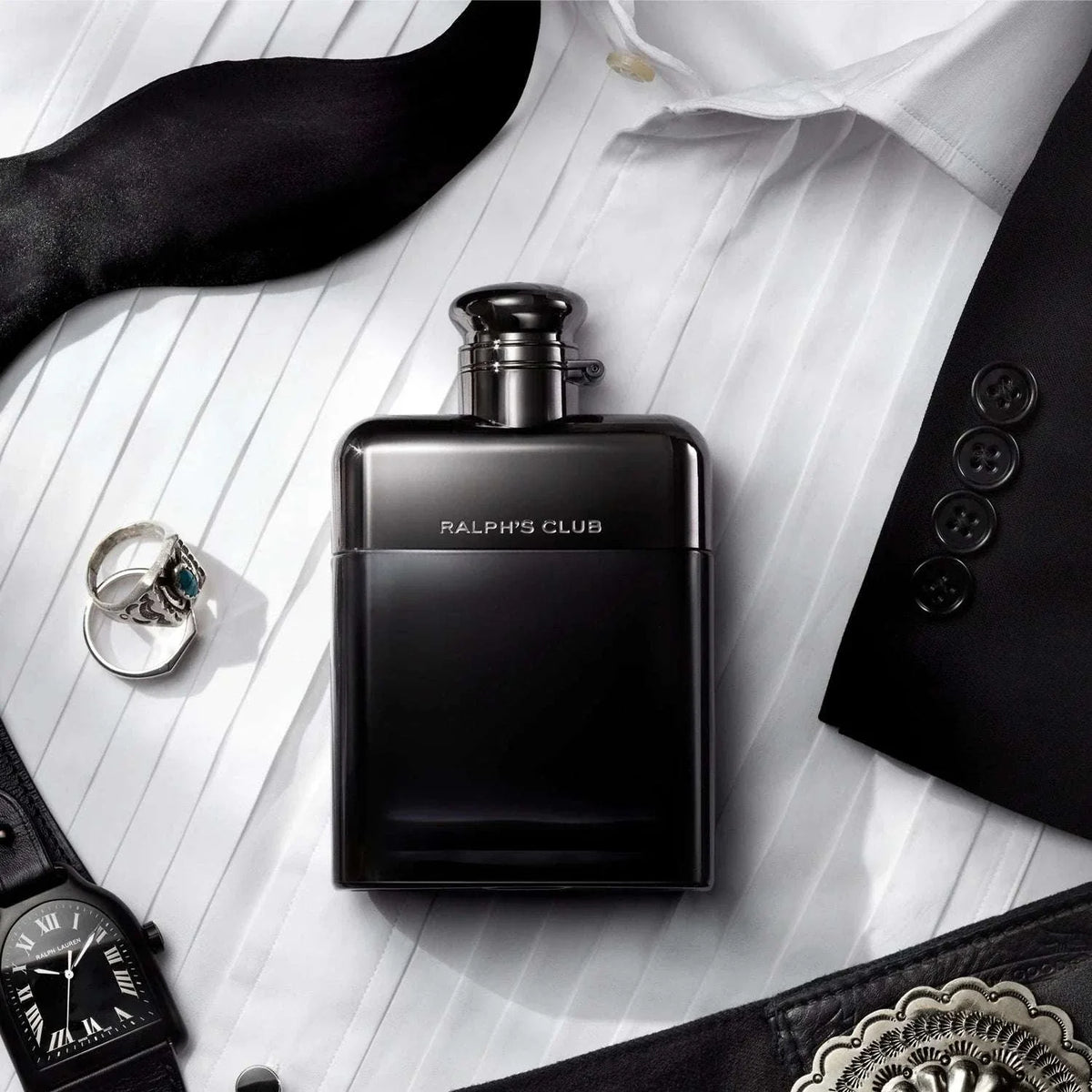 Ralph's Club Men's Cologne bottle by Ralph Lauren with woody aromatic fragrance notes of lavandin, clary sage, cedarwood, and vetiver